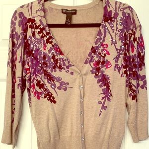 INC 3/4 sleeve flowered cardigan with rhinestones